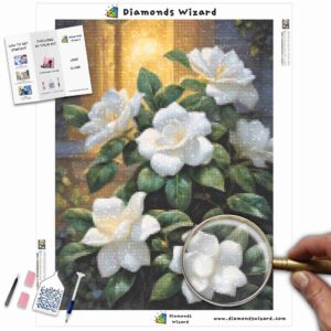 Kits de pintura con diamantes de Diamond Wizard, naturaleza, flores, gardenias iluminadas por la luna, serenidad, lienzo, jpg