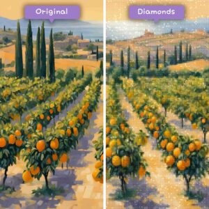 Kits de pintura con diamantes de Diamonds Wizard: viajes a Italia, un bosque de cítricos sicilianos, sinfonía, antes y después, jpg