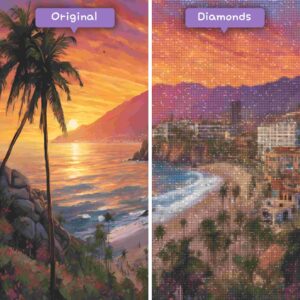 Kits de pintura con diamantes de Diamonds Wizard: viajes a México, Puerto Vallarta, atardecer, antes y después, jpg