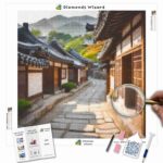 Kits de pintura con diamantes de Diamonds Wizard para viajar a Corea del Sur, un pueblo hanok coreano, serenidad, lienzo, jpg