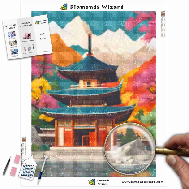 Kits de pintura con diamantes de Diamondswizard para viajes, Corea del Sur, Serene, Pagoda, Armonía, Canvas, JPG