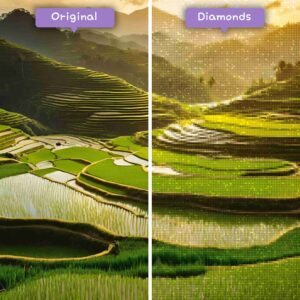 Kits de pintura con diamantes de Diamonds Wizard: viaje a Vietnam, tonos dorados, armonía en terrazas, antes y después, jpg