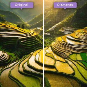 Kits de pintura con diamantes de Diamonds Wizard: viaje a Vietnam, mosaico de arrozales dorados de Vietnam, antes y después, jpg