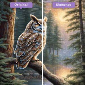 Kits de pintura de diamantes de mago de diamantes Animales Búho Guardián del bosque Antes y después JPG