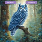 diamanter-trollkarl-diamant-målningssatser-djur-uggla-serenity-of-the-blue-owl-glade-before-after-jpg