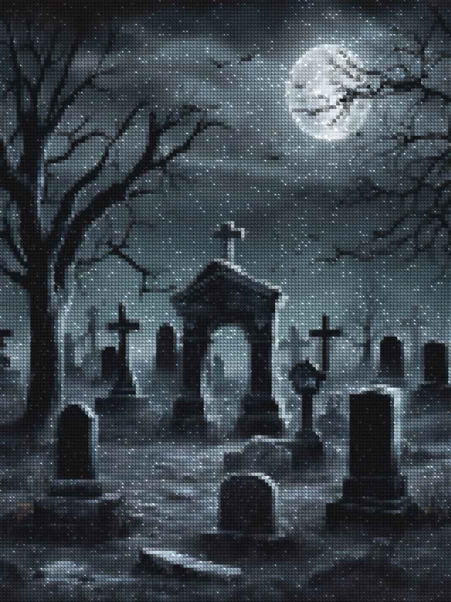 Kits de pintura con diamantes de magos de diamantes. Eventos. Halloween. Cementerio iluminado por la luna. Espectro. Diamantes. jpg