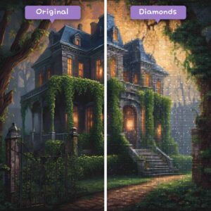 Kits de pintura con diamantes de Diamonds Wizard para eventos de Halloween: sombras secretas de la finca embrujada, antes y después, jpg