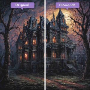 Kits de pintura con diamantes de Wizard of Diamonds para eventos de Halloween, Shadow Specter Manor, antes y después, jpg