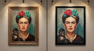 A side-by-side comparison of a traditional Frida Kahlo oil painting and a completed diamond painting version