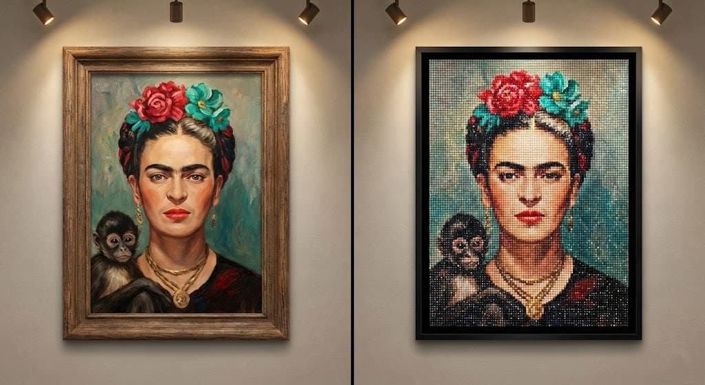 A side-by-side comparison of a traditional Frida Kahlo oil painting and a completed diamond painting version